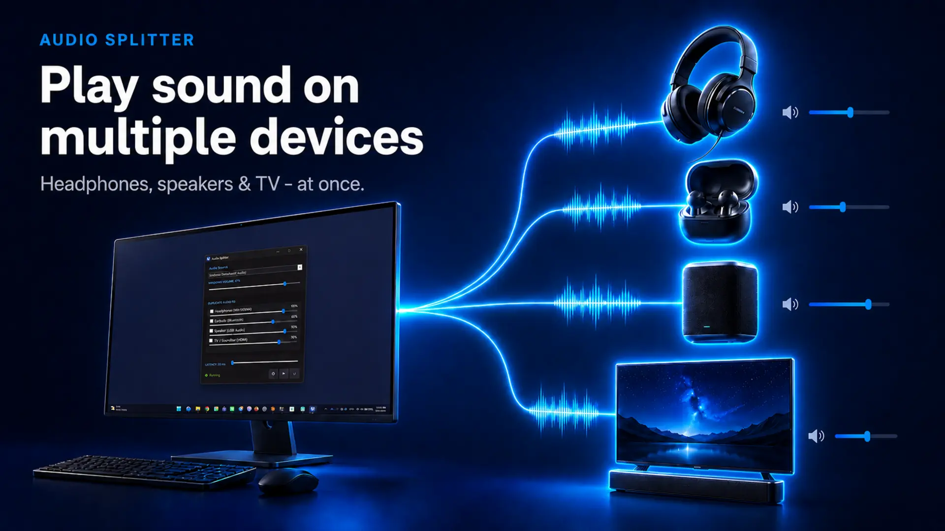 Audio Splitter sending Windows sound to headphones, earbuds, a speaker and a TV